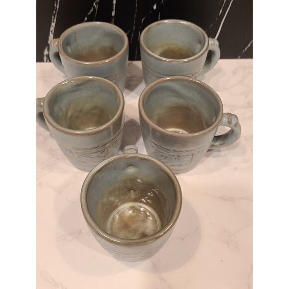 FRANKOMA Pottery Mugs /Cup 7C Blue /Green Mayan Aztec Set Of 5 Vintage MCM EUC - Picture 2 of 10